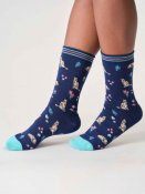 Floral Cat Organic Cotton Crew Socks - Midnight Blue