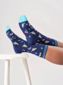 Floral Cat Organic Cotton Crew Socks - Midnight Blue