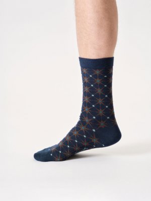 Geo Star Bamboo Crew Socks - Navy Blue