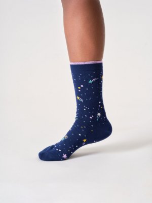 Stars & Moons Bamboo Crew Socks - Midnight Blue Stars
