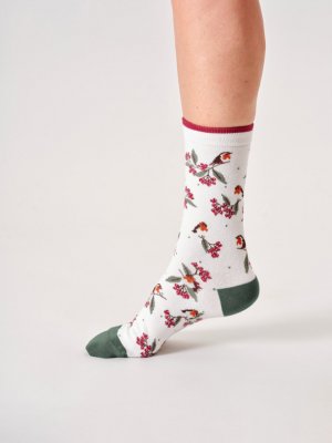 Winter Robin Organic Cotton Crew Socks - Stone White