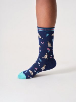Floral Cat Organic Cotton Crew Socks - Midnight Blue