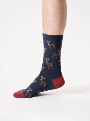 Woodland Stag Organic Cotton Crew Socks - Navy Blue
